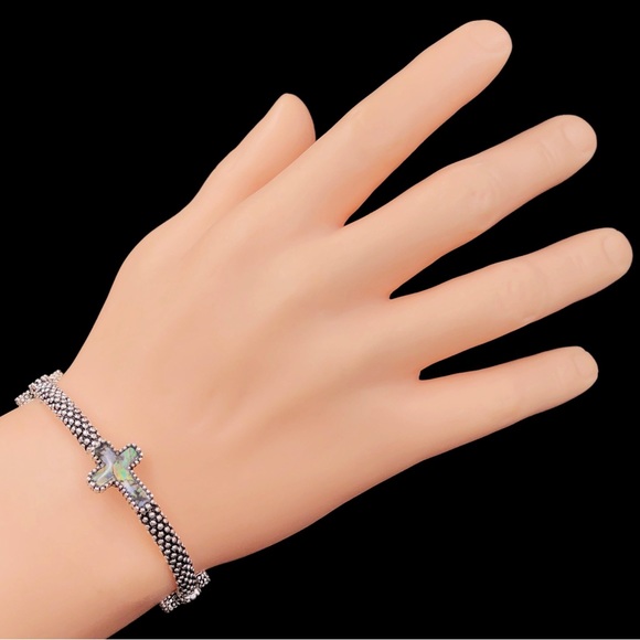 Christian Cross Abalone Shell Inlay Silver Tone Stretch Bracelet - Picture 2 of 2